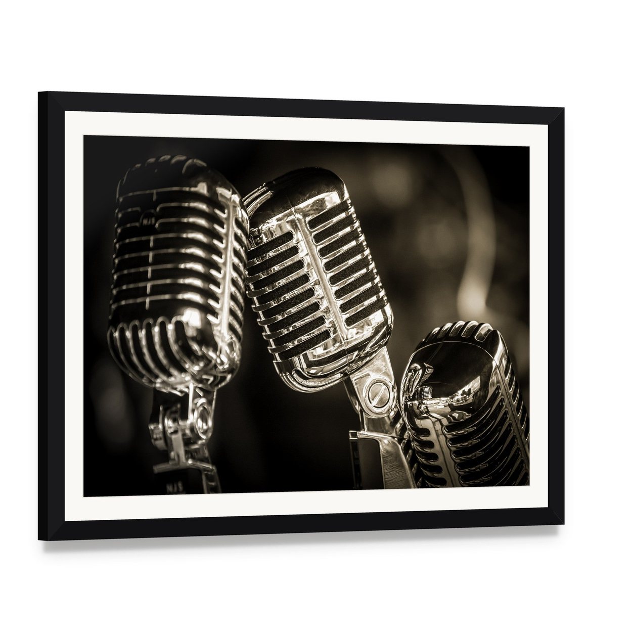 Three Vintage Studio Microphones Canvas Wall Art, framed print with white mat and black frame, angled product view