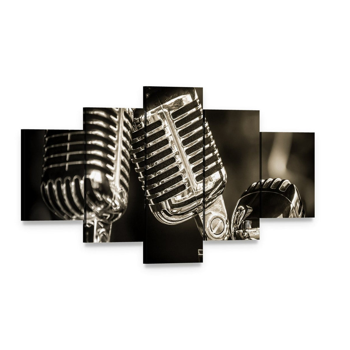 Three Vintage Studio Microphones Canvas Wall Art, 5 panel 5 Star layout gallery wrapped canvas set, angled product view