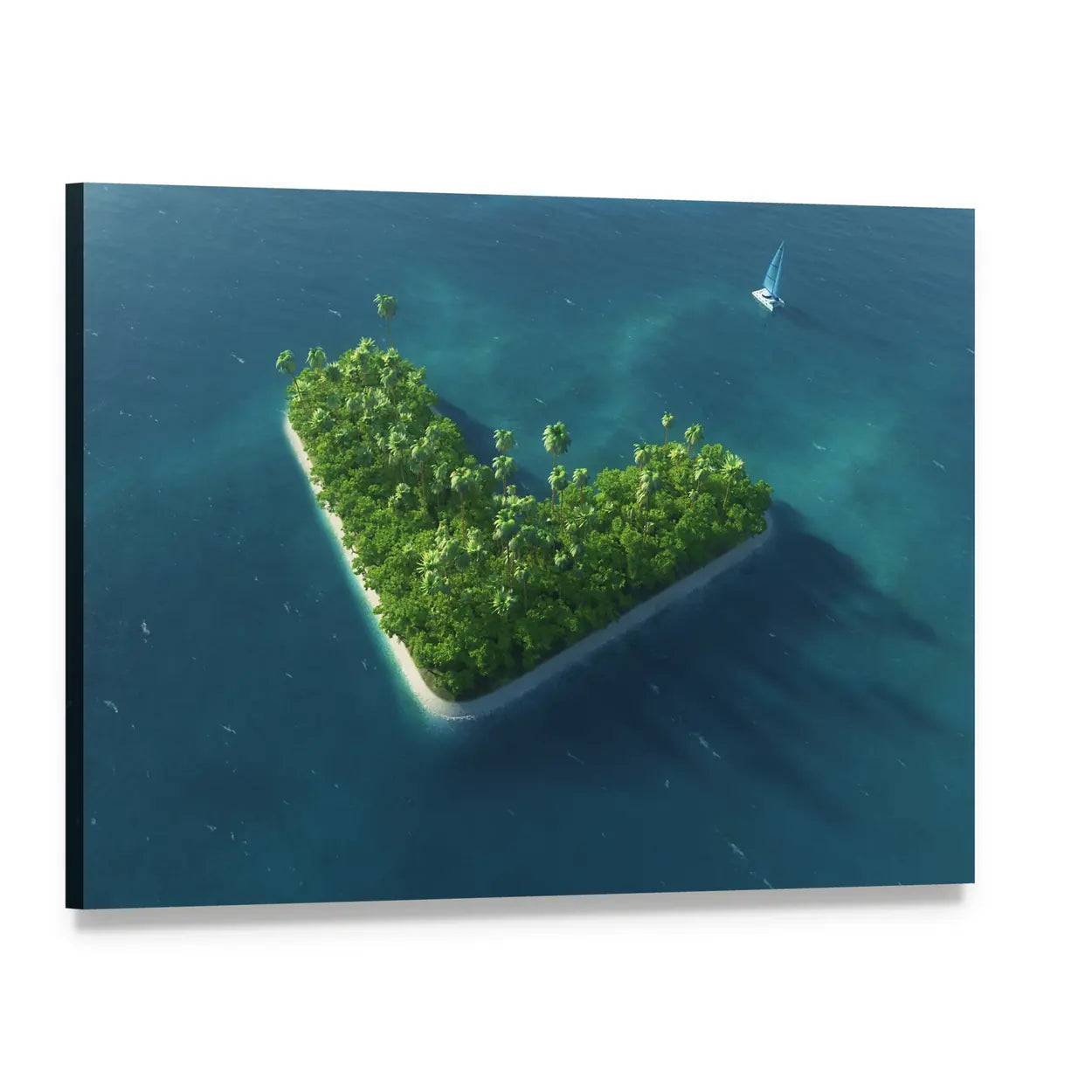 Heart-shaped Tropical Island with Sailboat Canvas Wall Art, single panel gallery wrapped canvas, angled product view
