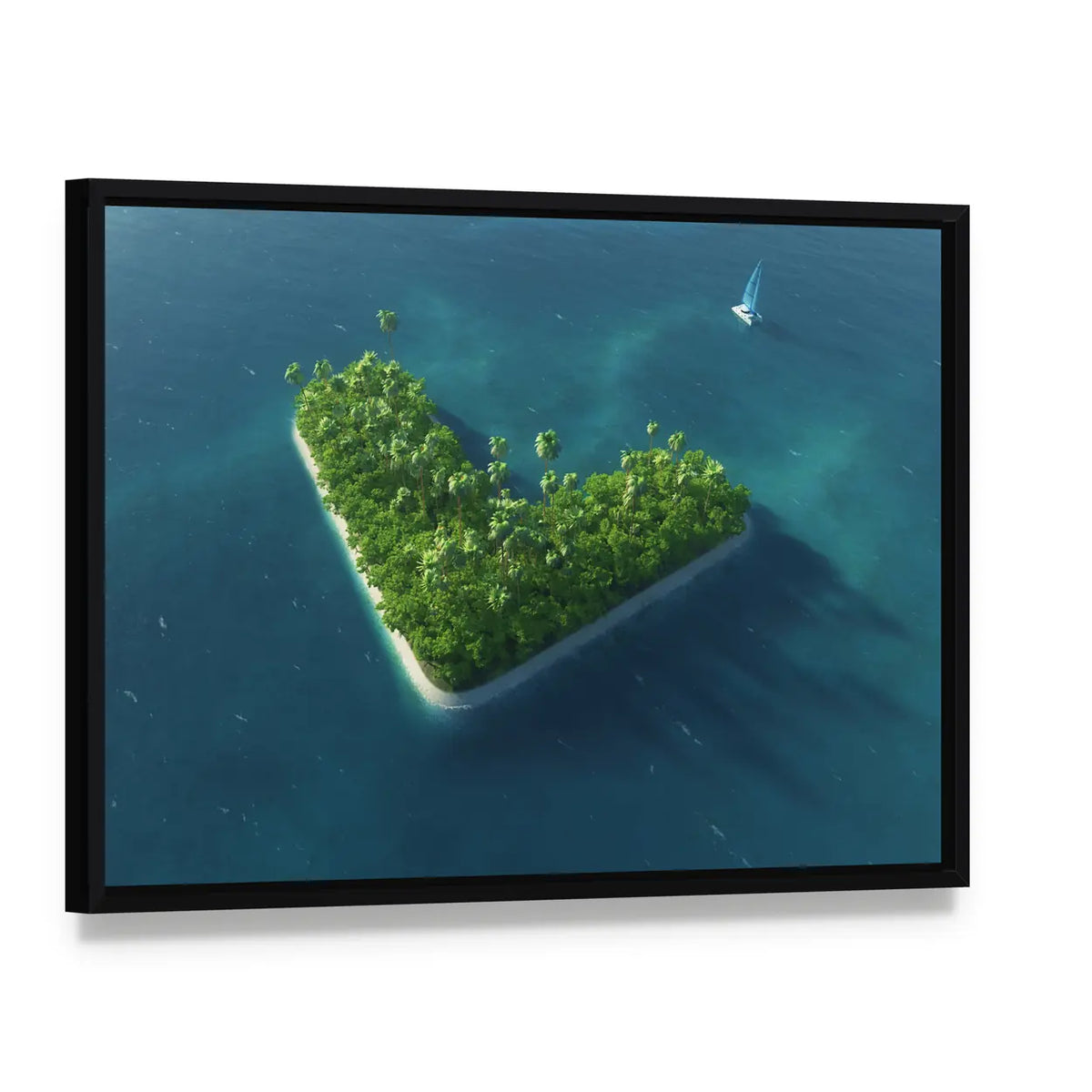 Heart-shaped Tropical Island with Sailboat Canvas Wall Art, framed canvas in a black floater frame, angled product view