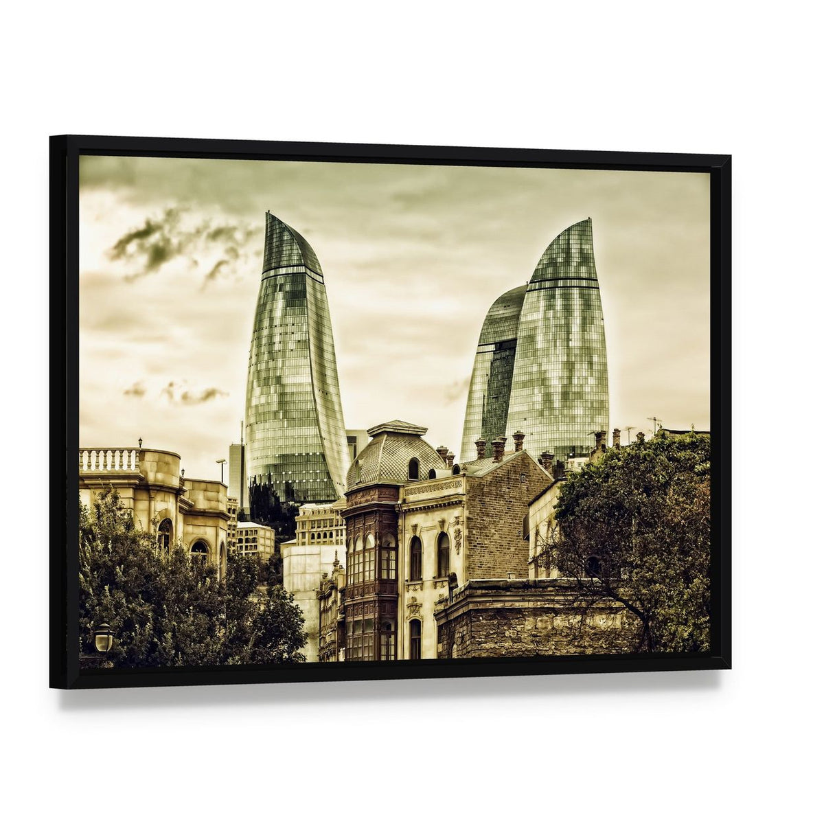 Flame Towers in Baku Canvas Wall Art, framed canvas in a black floater frame, angled product view