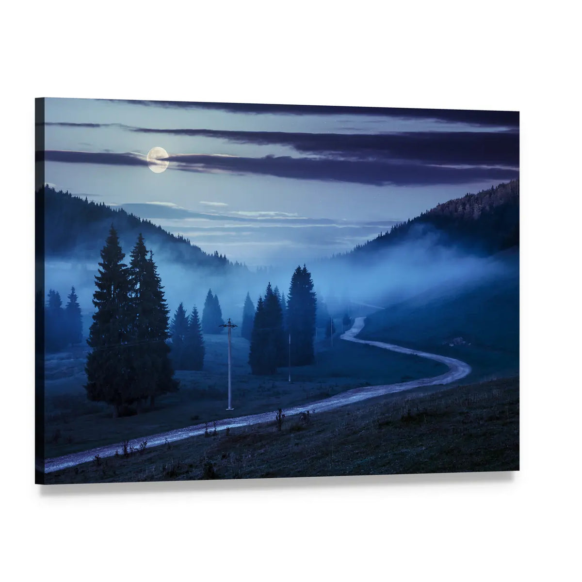Forest Road Beneath Moonlit Fog Canvas Wall Art, single panel gallery wrapped canvas, angled product view