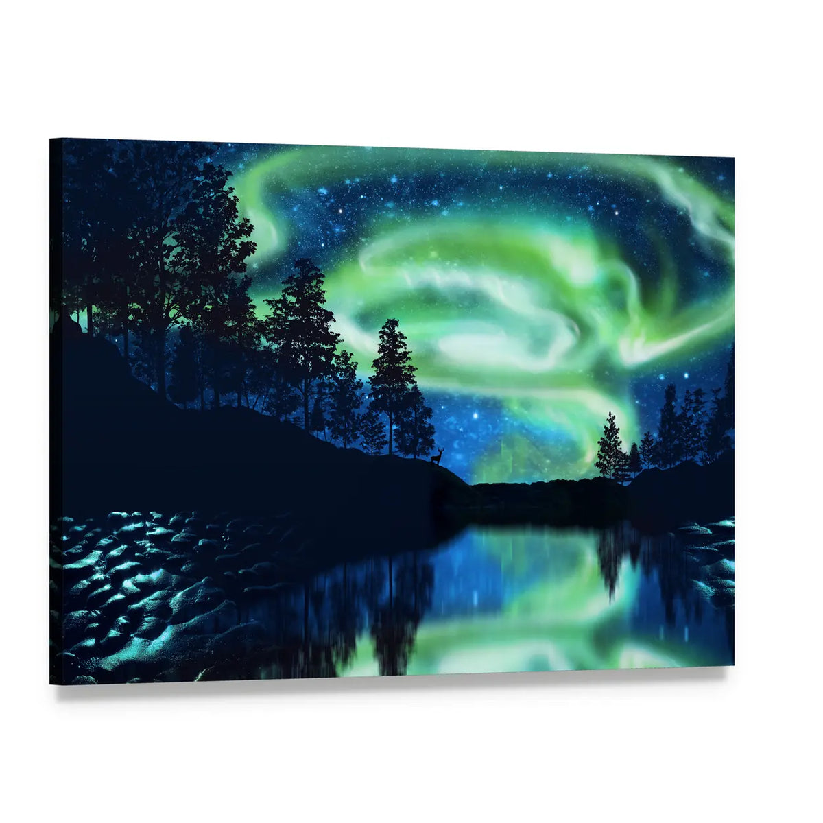 Aurora Borealis Over Lake Canvas Wall Art, single panel gallery wrapped canvas, angled product view