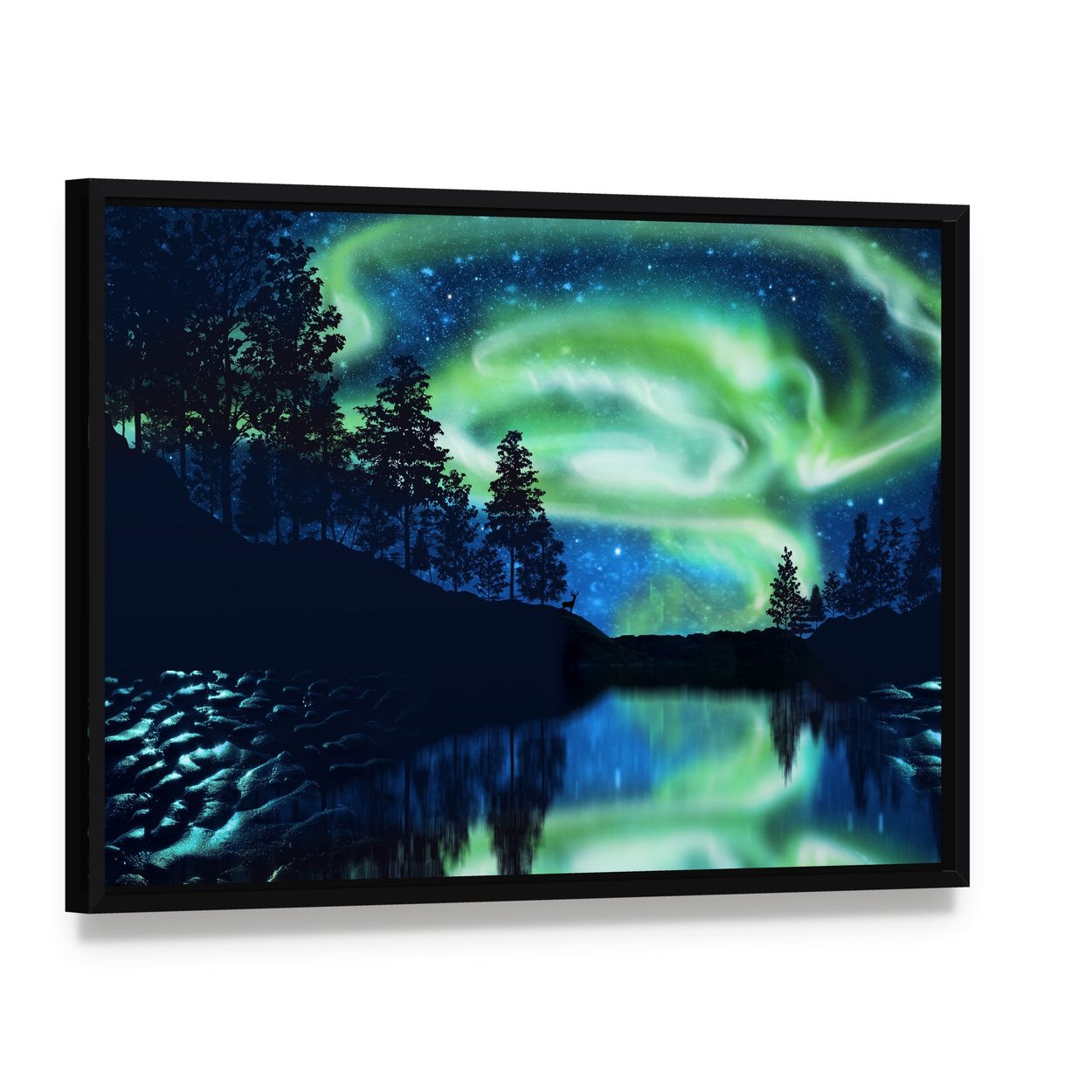 Aurora Borealis Above Lake Canvas Wall Art, framed canvas in a black floater frame, angled product view