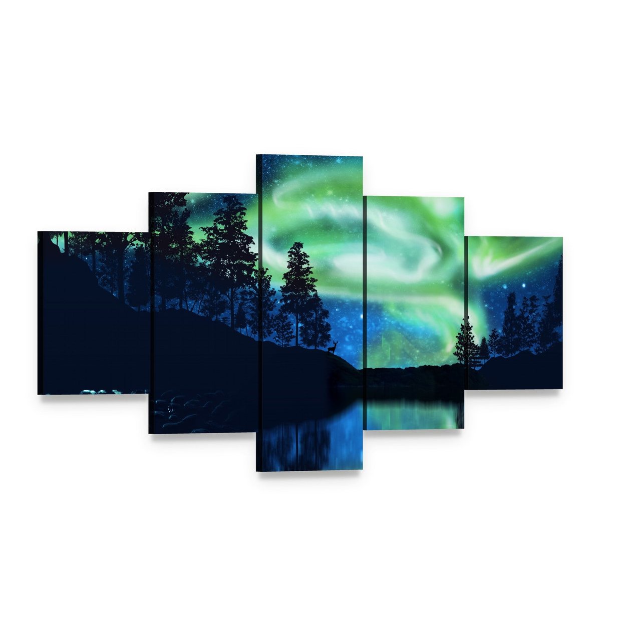 Aurora Borealis Above Lake Canvas Wall Art, 5 panel 5 Star layout gallery wrapped canvas set, angled product view