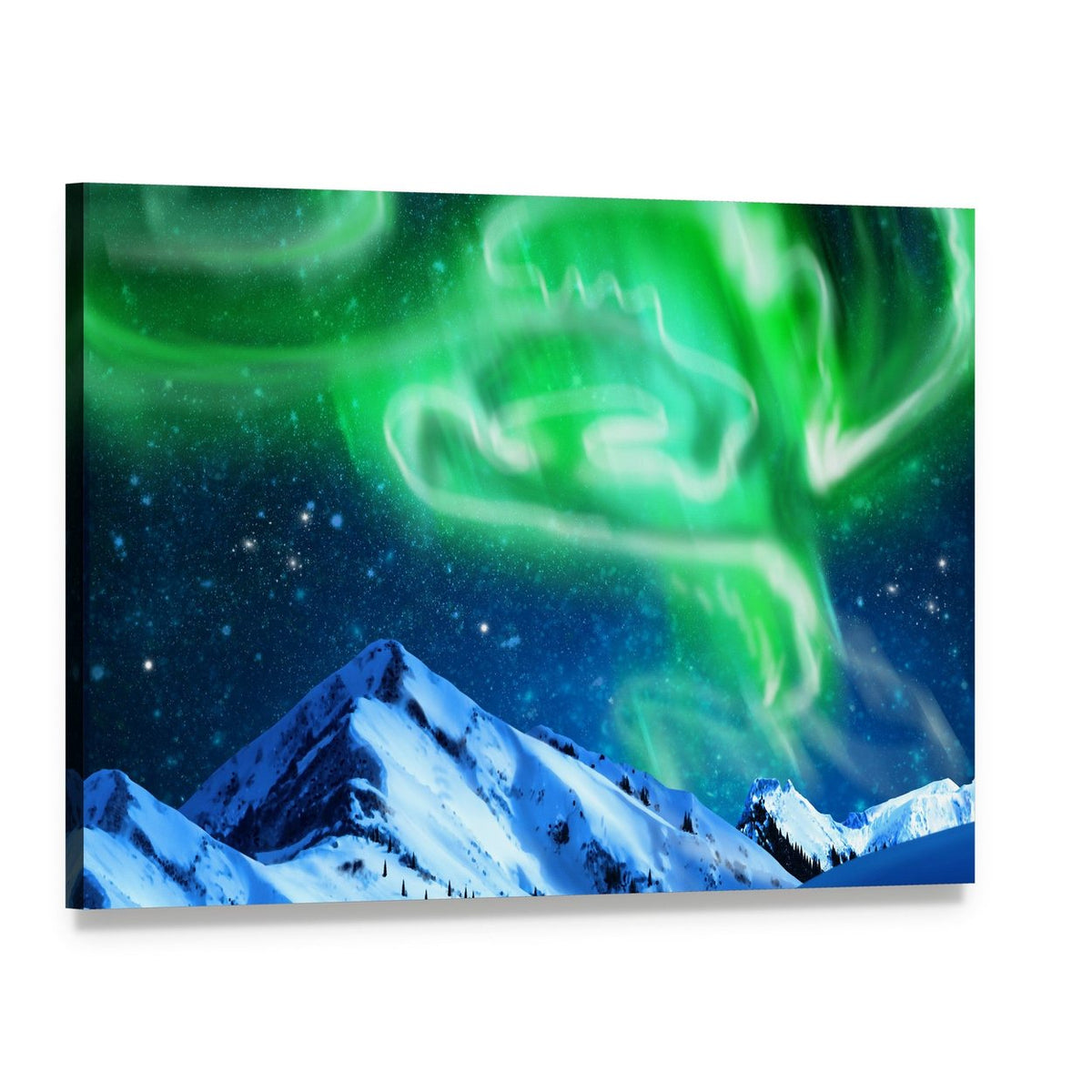 Aurora Borealis Over Snow Canvas Wall Art, single panel gallery wrapped canvas, angled product view