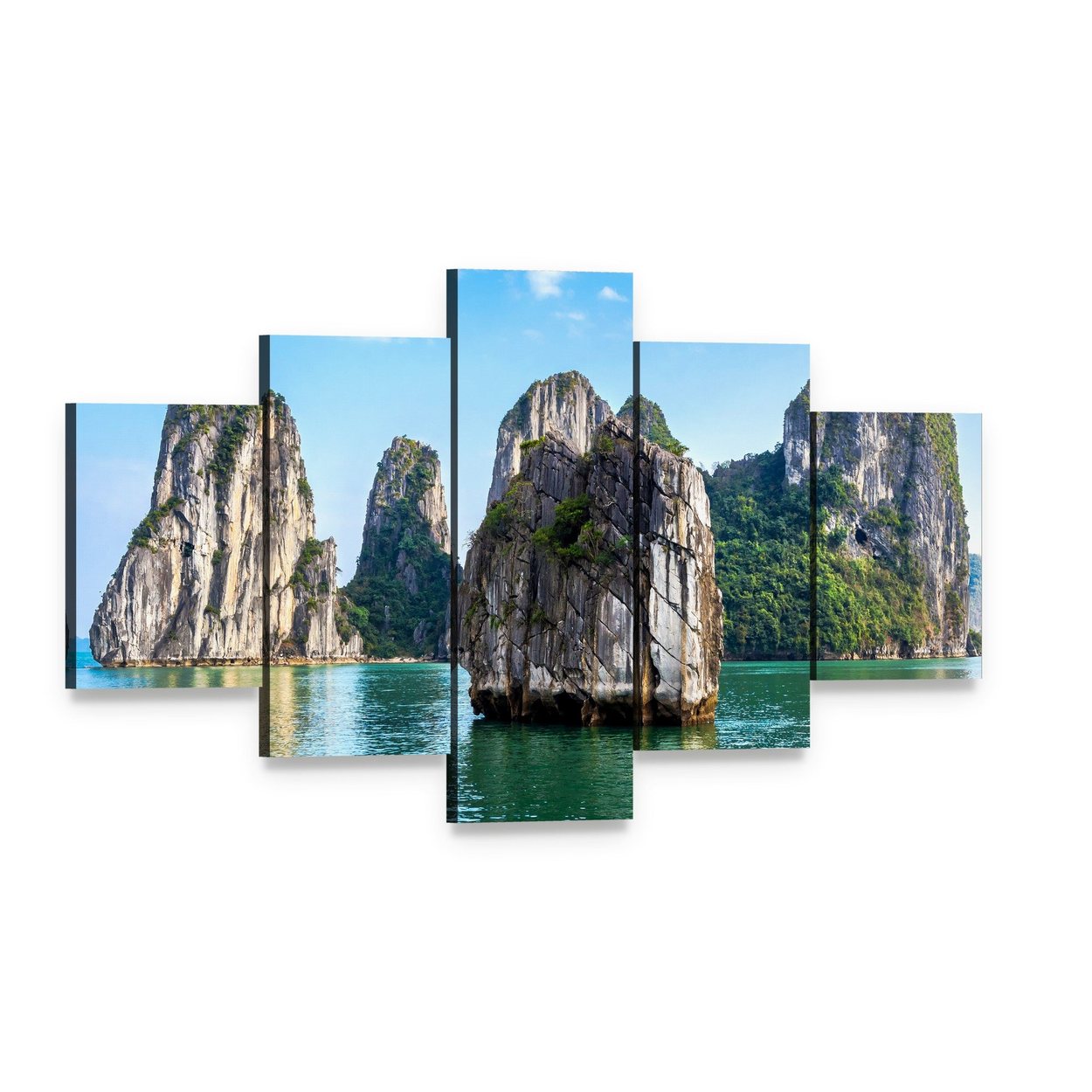Limestone Karst Islands Over Turquoise Water Canvas Wall Art, 5 panel 5 Star layout gallery wrapped canvas set, angled product view