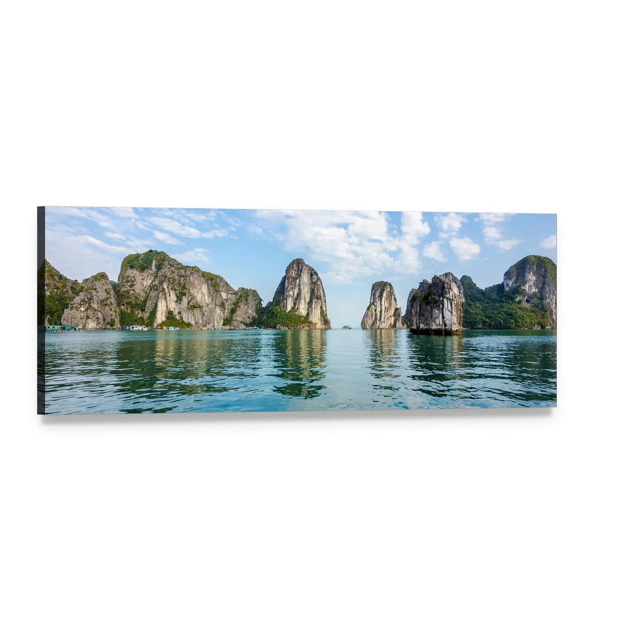 Halong Bay Limestone Karsts with Reflections Panoramic Canvas Wall Art, single panel gallery wrapped canvas, angled product view