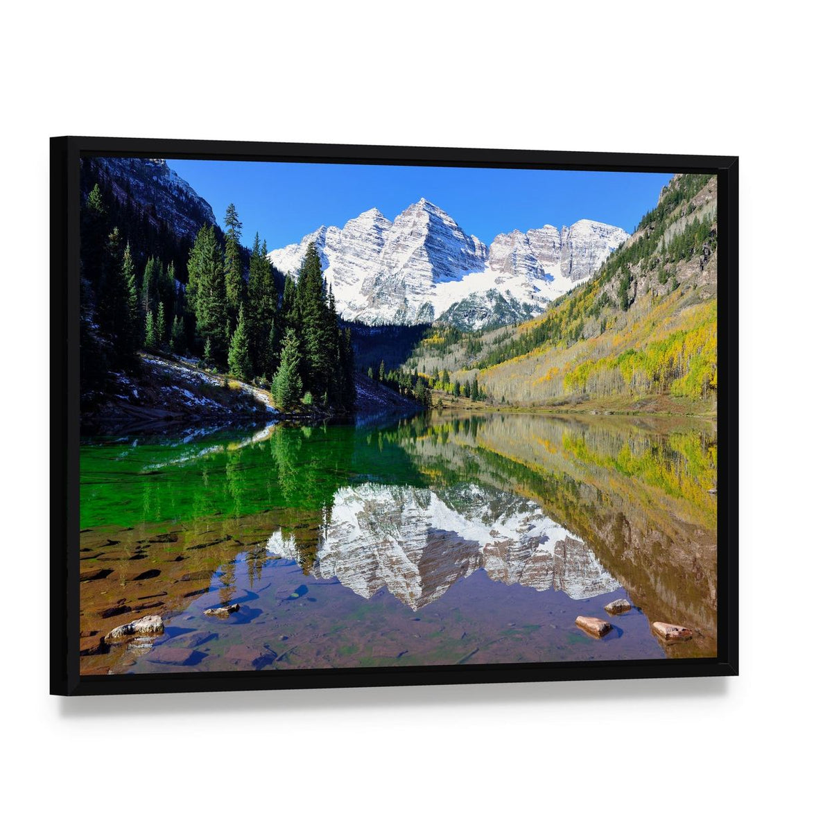 Maroon Bells Reflections in Autumn Foliage Canvas Wall Art, framed canvas in a black floater frame, angled product view