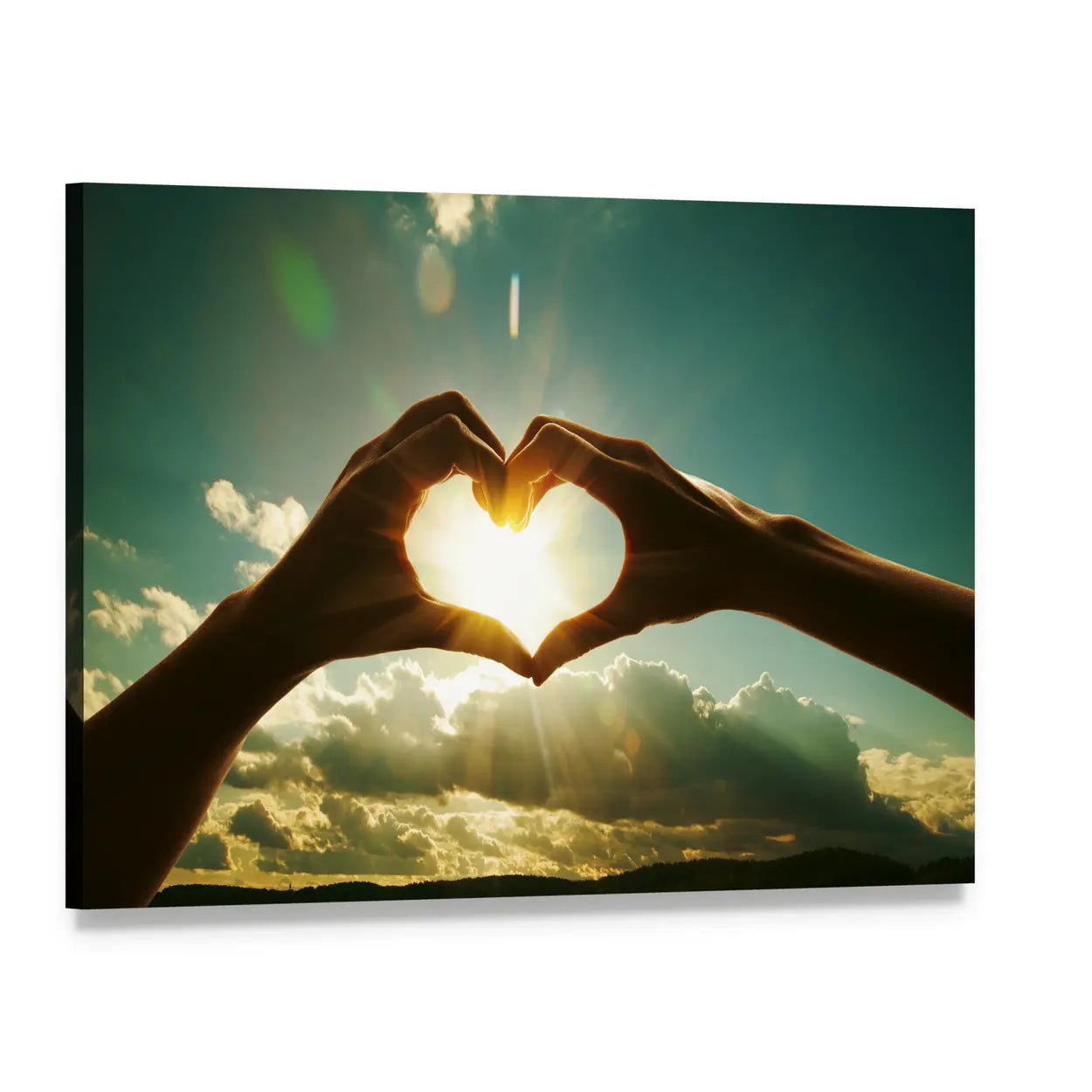 Hands Forming Heart at Sunrise Canvas Wall Art, single panel gallery wrapped canvas, angled product view