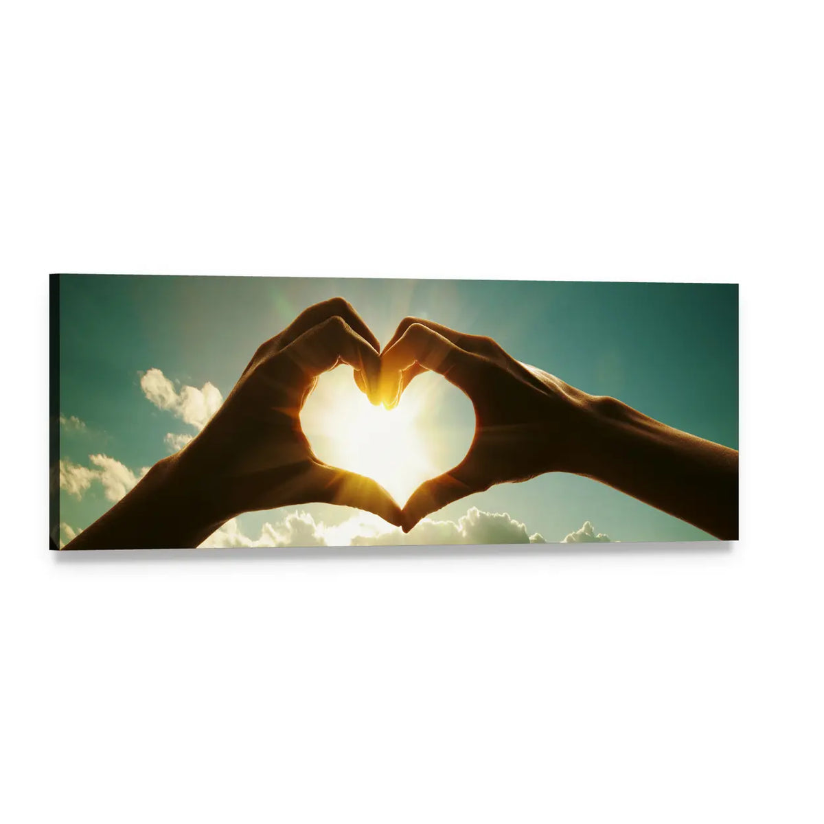 Hands Forming Heart with Sunlight Panoramic Canvas Wall Art, single panel gallery wrapped canvas, angled product view