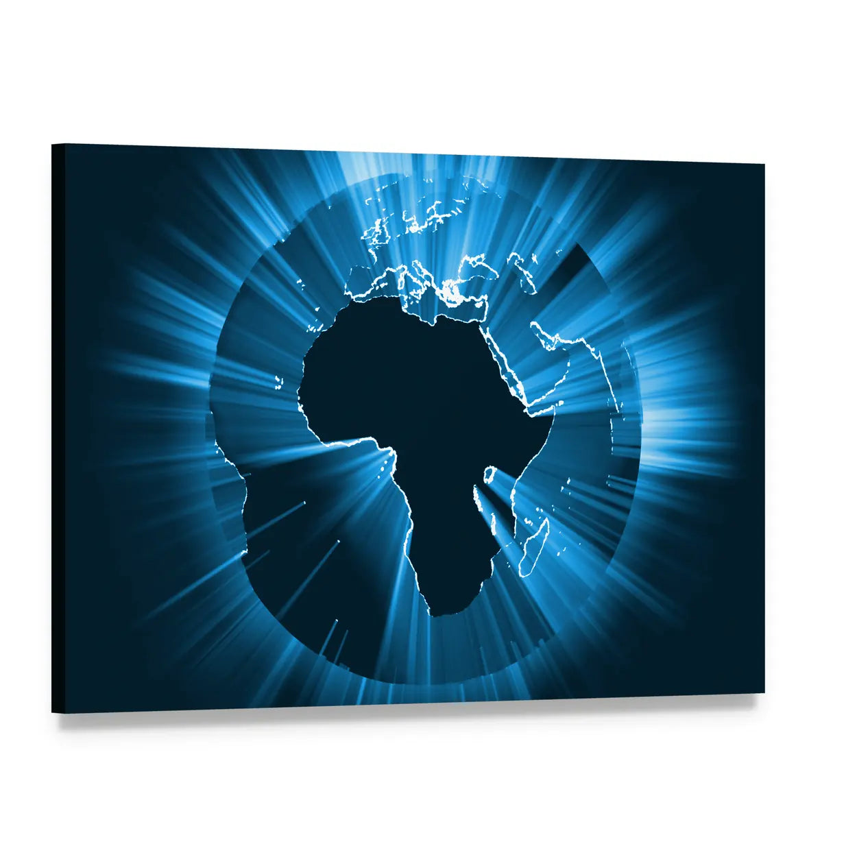 Radiant Globe with Africa Silhouette Canvas Wall Art, single panel gallery wrapped canvas, angled product view