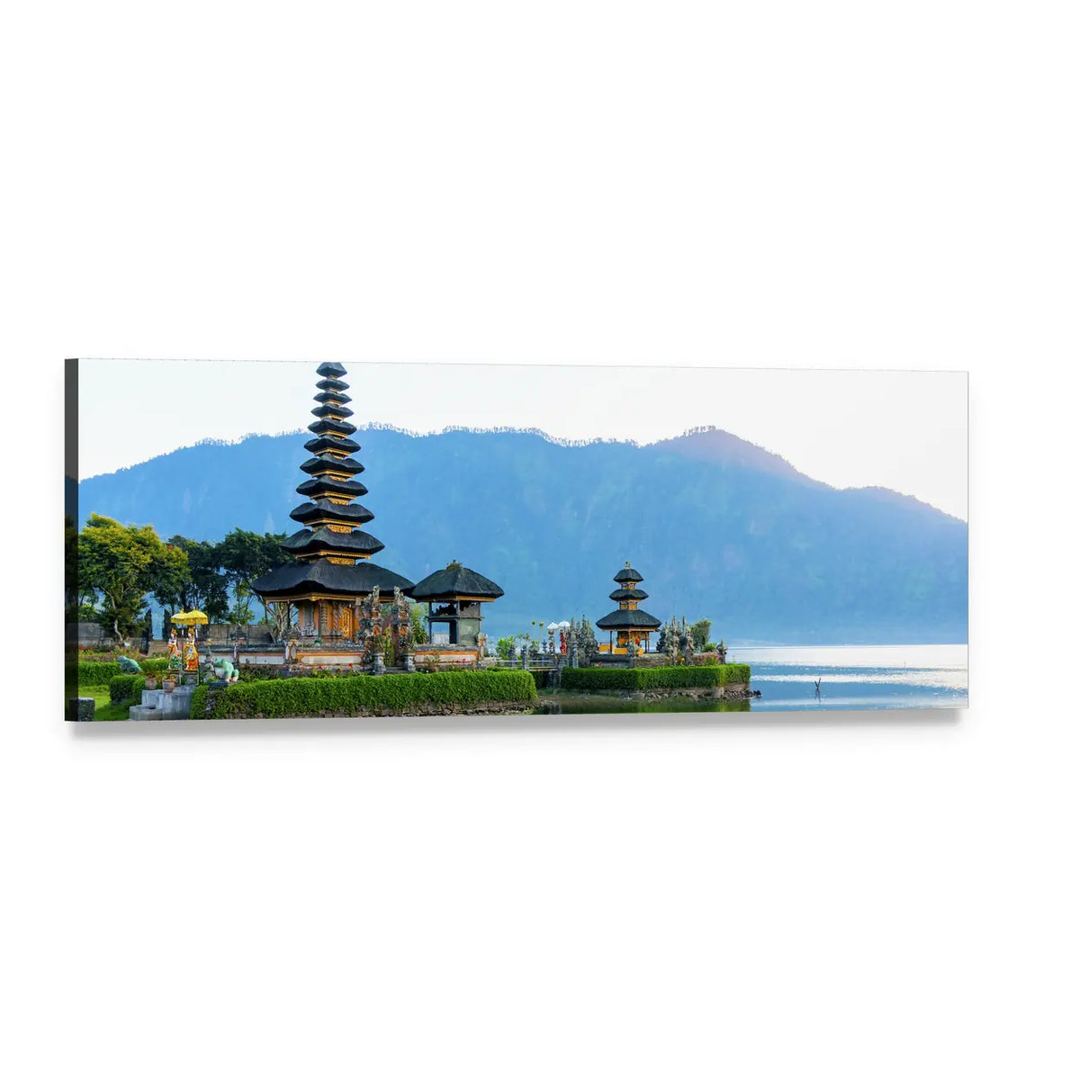 Pura Ulun Danu Temple Panoramic Canvas Wall Art, single panel gallery wrapped canvas, angled product view