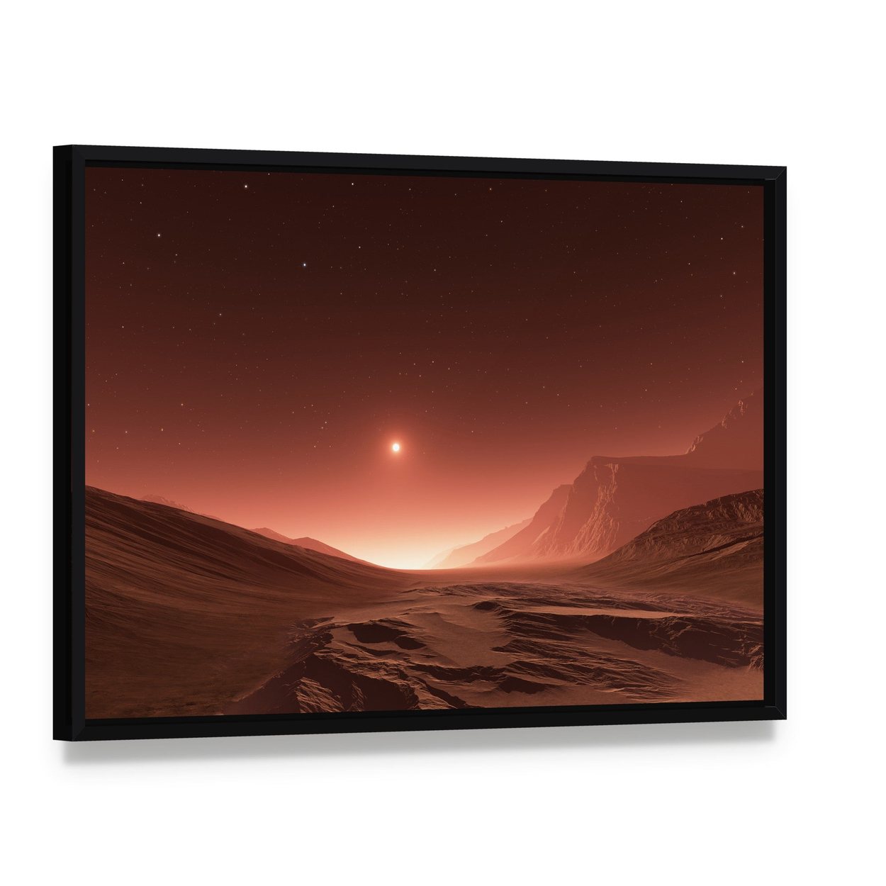 Sunset on Mars Canvas Wall Art, framed canvas in a black floater frame, angled product view
