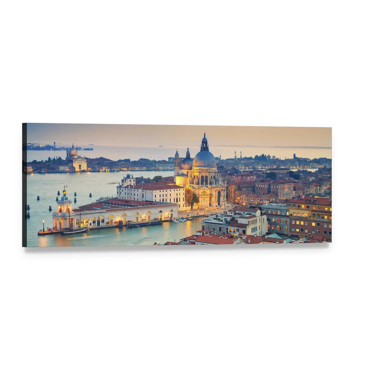 Santa Maria Della Salute at Dusk, Venice Panoramic Canvas Wall Art, single panel gallery wrapped canvas, angled product view