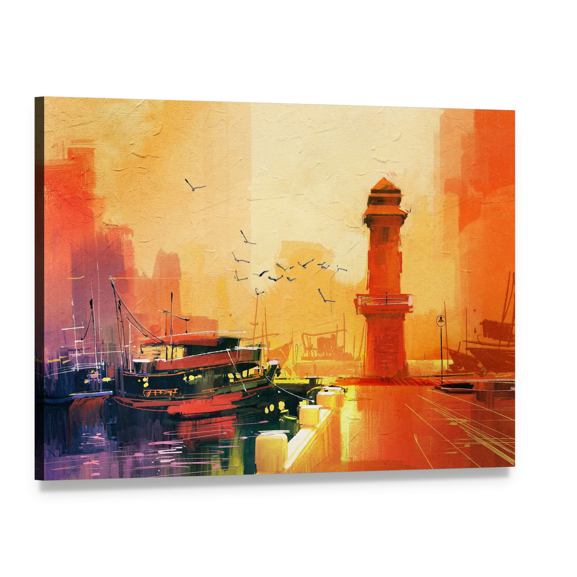 Lighthouse & Boat Canvas Wall Art, single panel gallery wrapped canvas, angled product view