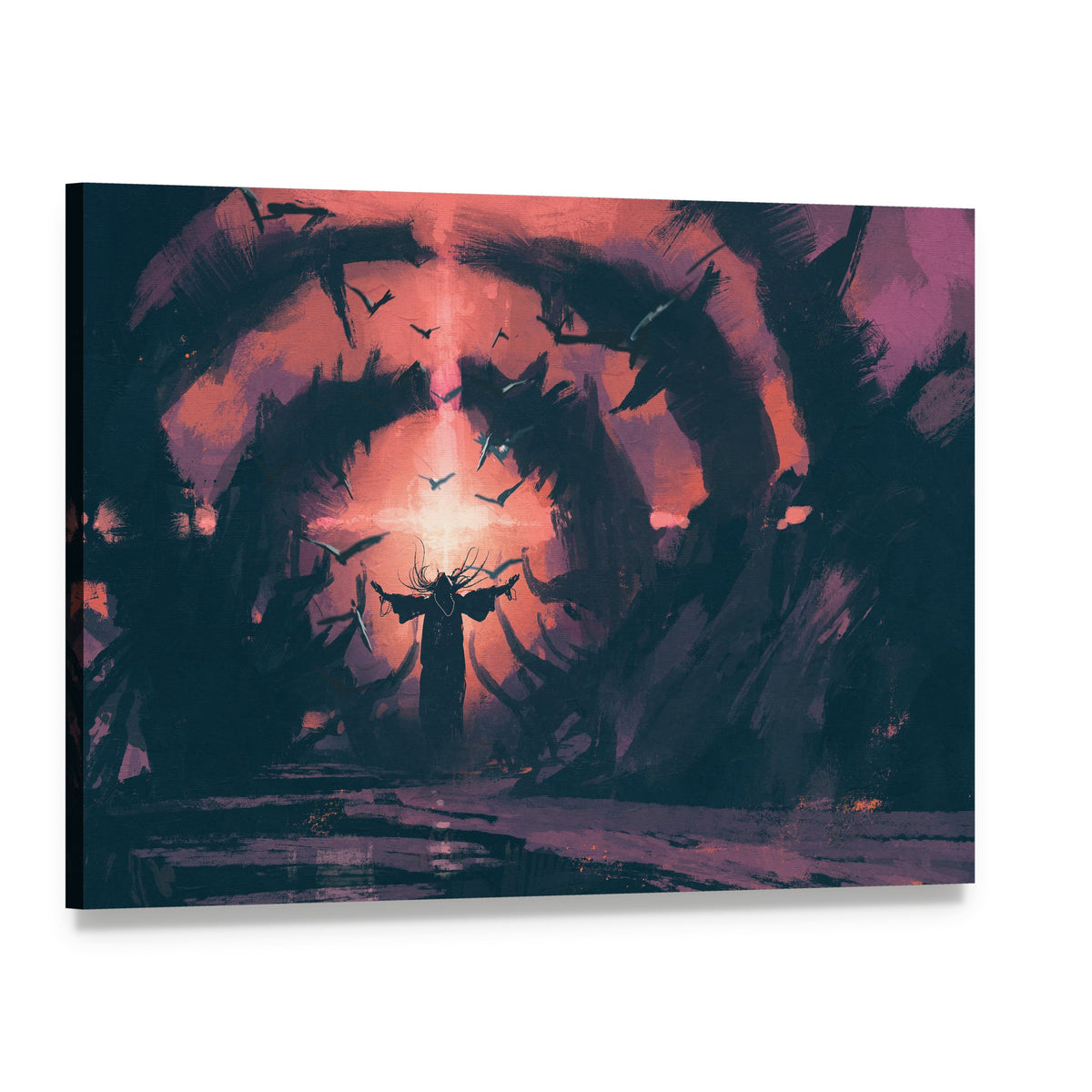 Antlered Figure in Glowing Tunnel Canvas Wall Art, single panel gallery wrapped canvas, angled product view