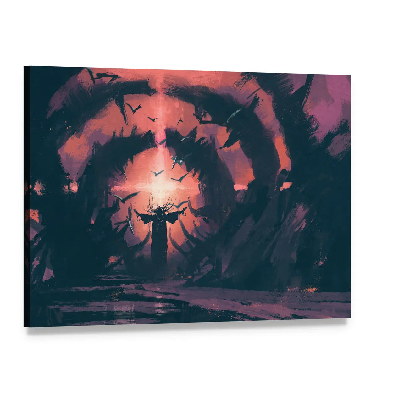 Antlered Cloaked Figure at Glowing Portal Canvas Wall Art, single panel gallery wrapped canvas, angled product view