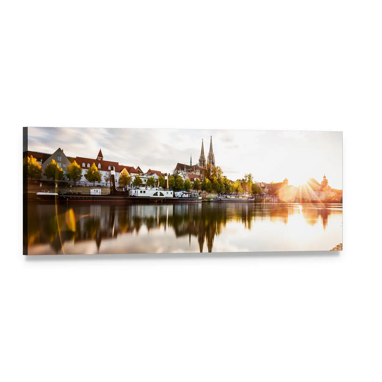 European City Waterfront at Sunset Panoramic Canvas Wall Art, single panel gallery wrapped canvas, angled product view