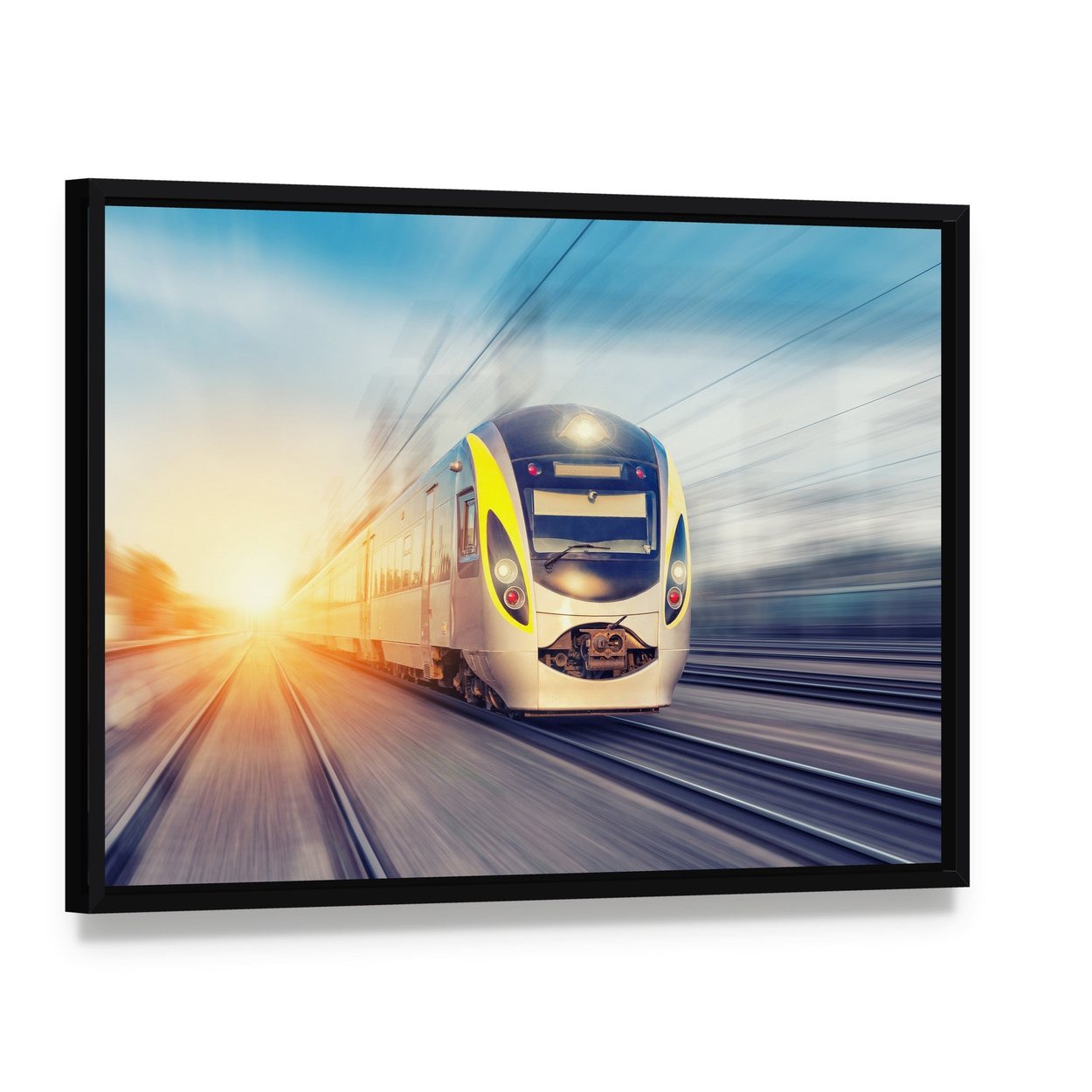 Modern High Speed Train Canvas Wall Art, framed canvas in a black floater frame, angled product view