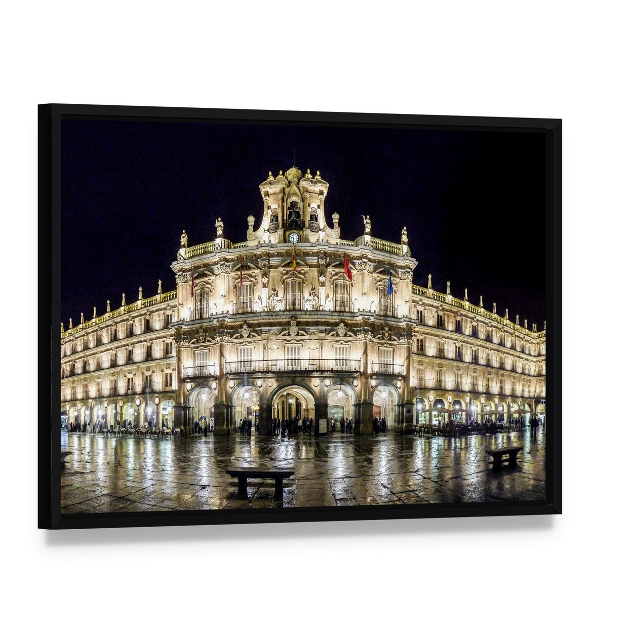 Plaza Mayor at Night Canvas Wall Art, framed canvas in a black floater frame, angled product view