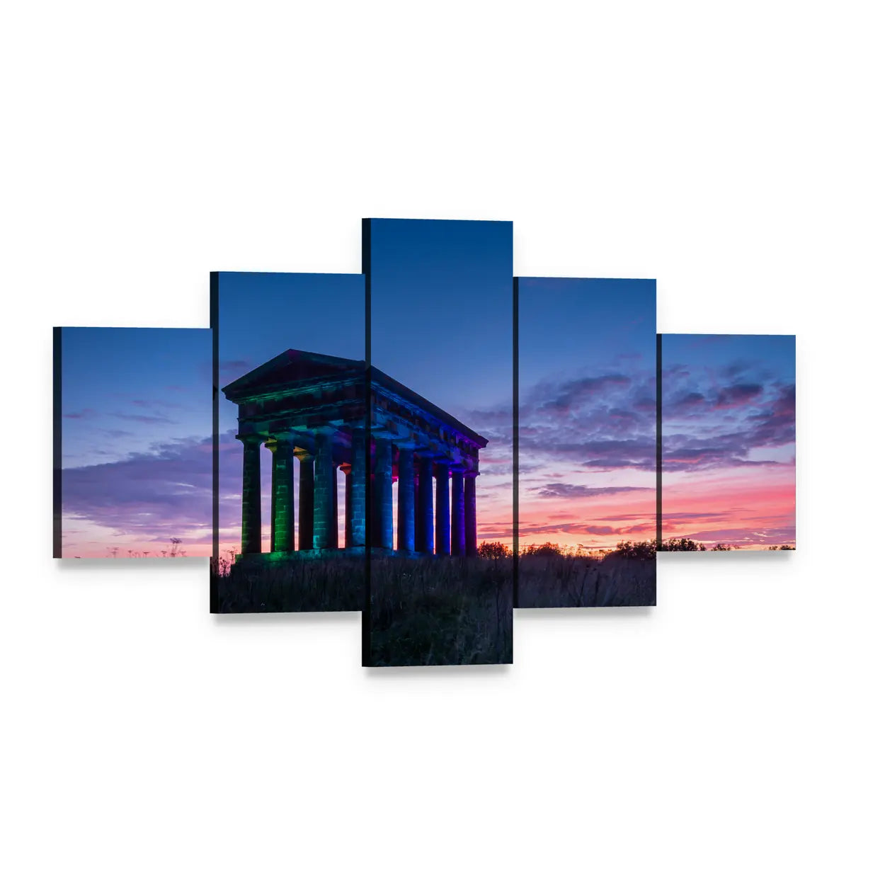 Penshaw Monument at Dusk Canvas Wall Art, 5 panel 5 Star layout gallery wrapped canvas set, angled product view