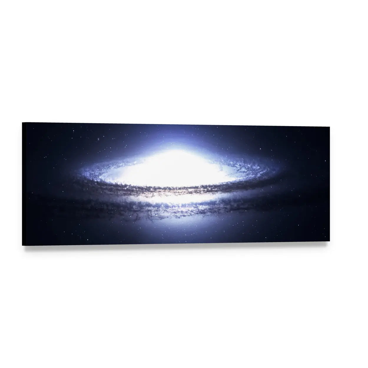 Spiral Galaxy in Deep Space Panoramic Canvas Wall Art, single panel gallery wrapped canvas, angled product view