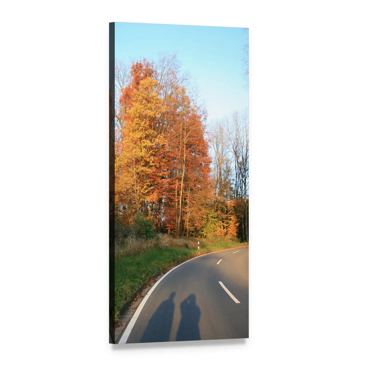 Human Shadow on Autumn Road Vertical Canvas Wall Art, 1 panel 1 Vertical layout gallery wrapped canvas set, angled product view
