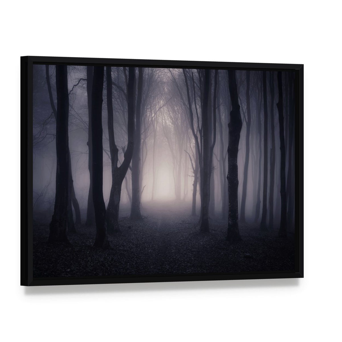 Foggy Forest Path at Dusk Canvas Wall Art, framed canvas in a black floater frame, angled product view