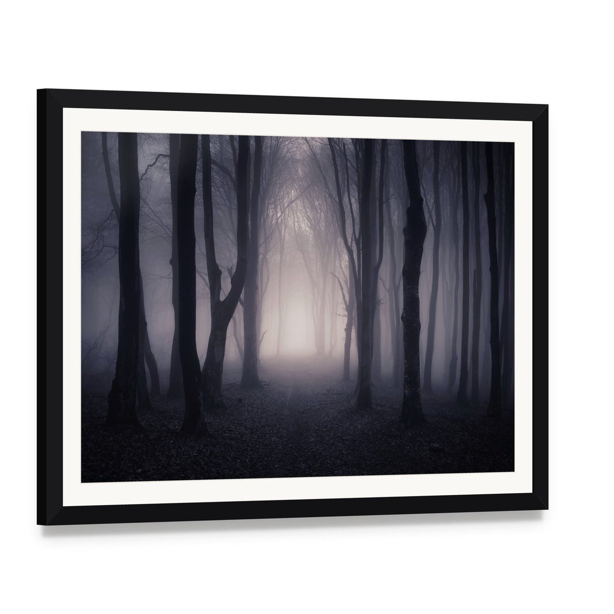 Foggy Forest Path at Dusk Canvas Wall Art, framed print with white mat and black frame, angled product view