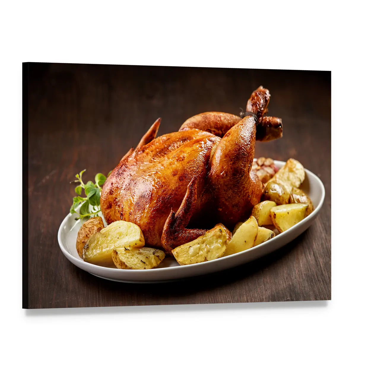 Roasted Chicken and Potatoes on Wooden Table Canvas Wall Art, single panel gallery wrapped canvas, angled product view