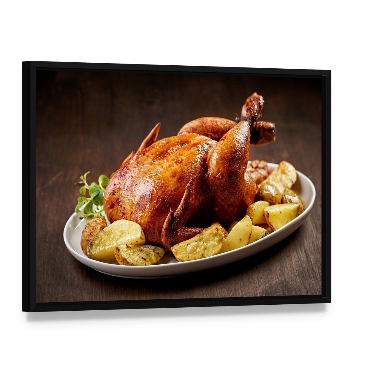 Roasted Chicken and Vegetables Canvas Wall Art, framed canvas in a black floater frame, angled product view