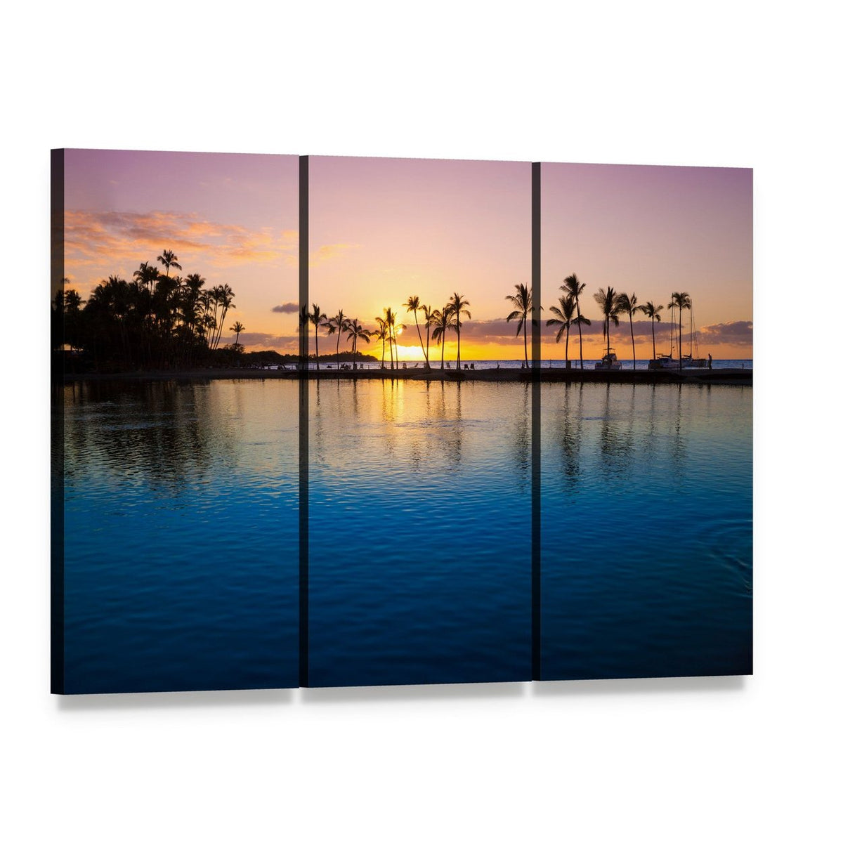 Hawaii Beach Sunset Canvas Wall Art, 3 panel 3 Horizontal layout gallery wrapped canvas set, angled product view