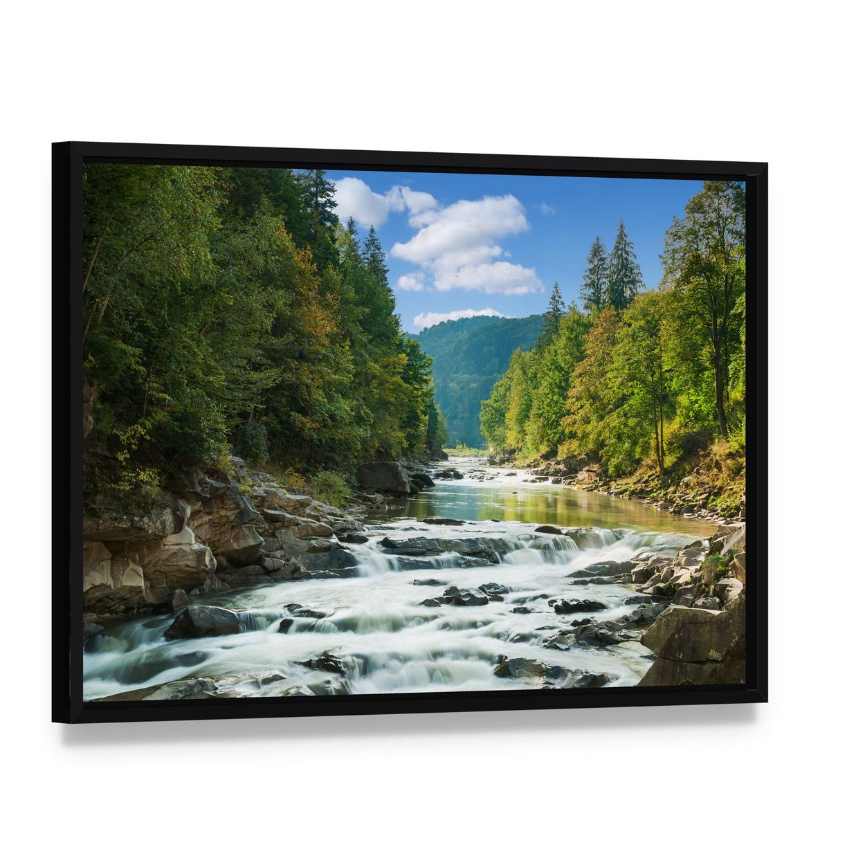 River in Forest Canvas Wall Art, framed canvas in a black floater frame, angled product view