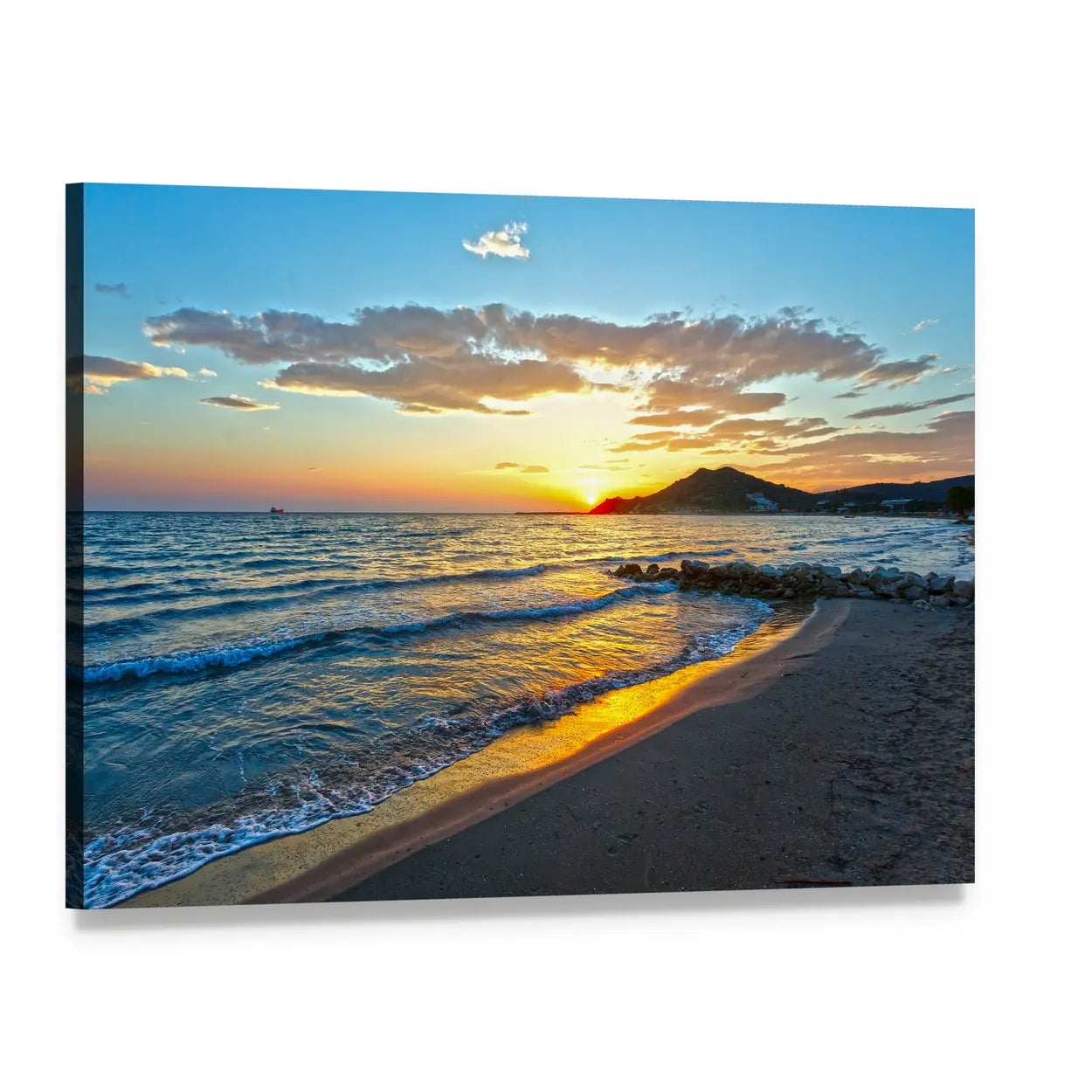 Sandy Shoreline at Sunset Canvas Wall Art, single panel gallery wrapped canvas, angled product view