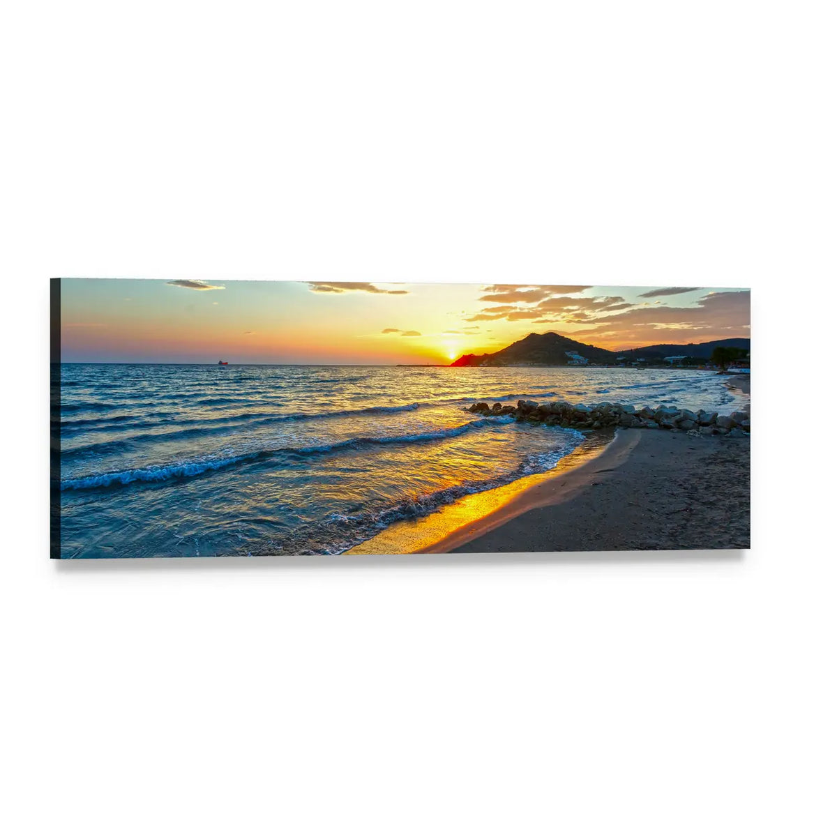 Golden Sunset on Sandy Beach Panoramic Canvas Wall Art, single panel gallery wrapped canvas, angled product view