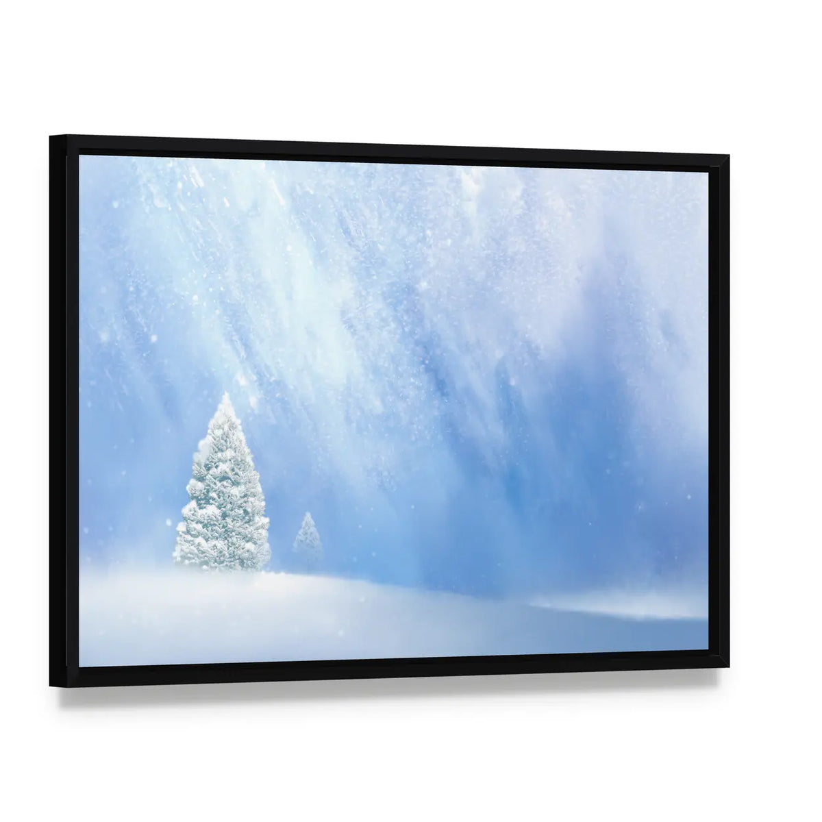 Snow-covered Pines in Soft Winter Light Canvas Wall Art, framed canvas in a black floater frame, angled product view