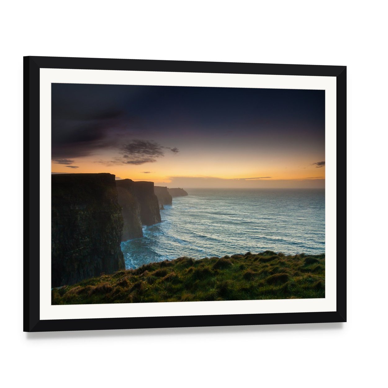 Evening at Cliffs of Moher Canvas Wall Art, framed print with white mat and black frame, angled product view