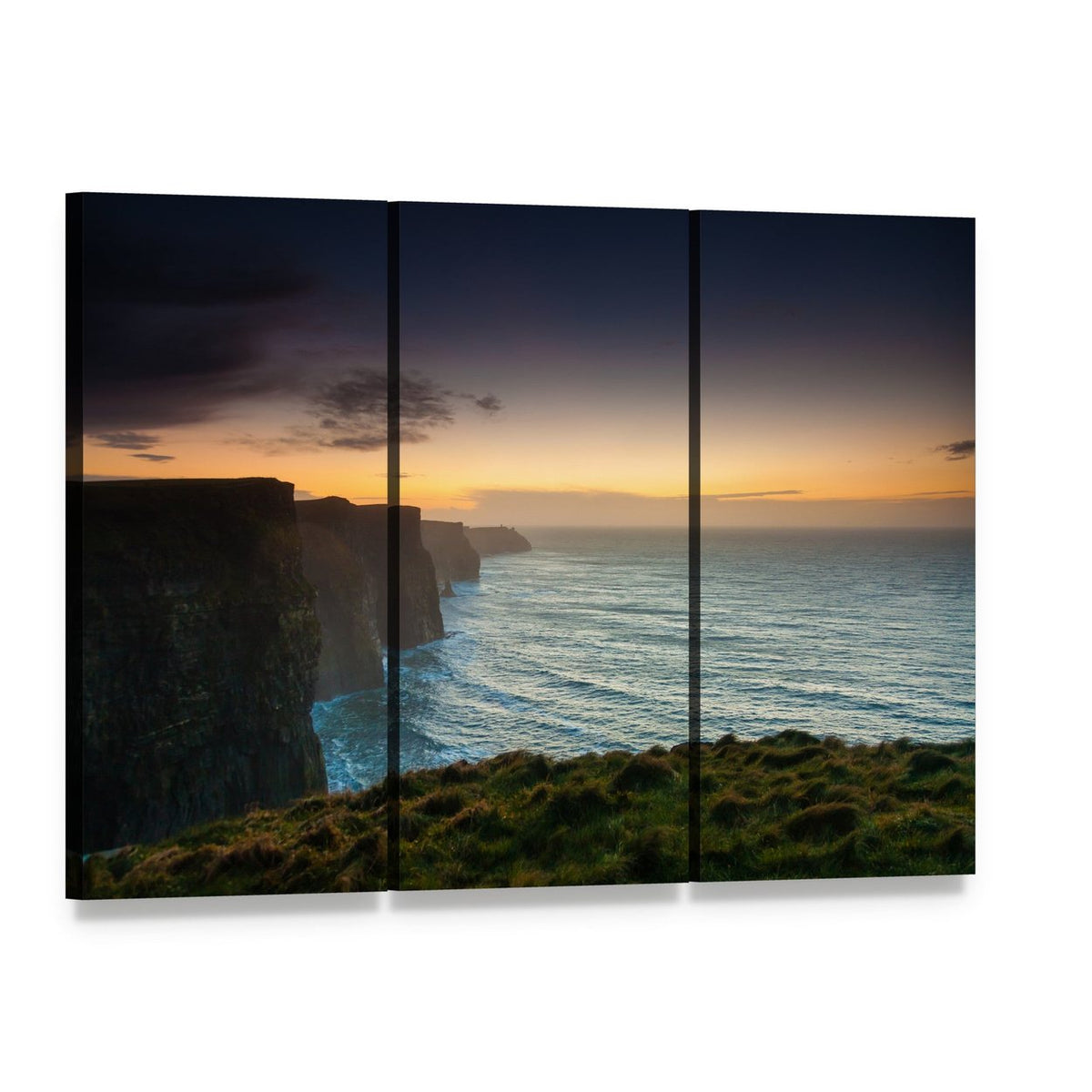 Evening at Cliffs of Moher Canvas Wall Art, 3 panel 3 Horizontal layout gallery wrapped canvas set, angled product view
