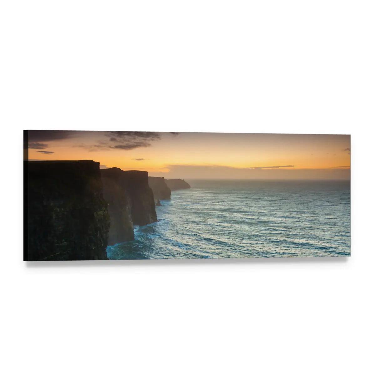Cliffs of Moher at Golden Dusk Panoramic Canvas Wall Art, single panel gallery wrapped canvas, angled product view