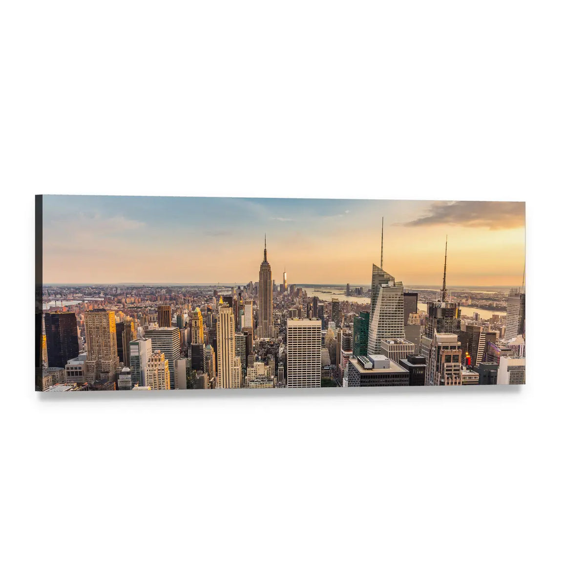 New York Midtown Skyline at Golden Hour Panoramic Canvas Wall Art, single panel gallery wrapped canvas, angled product view