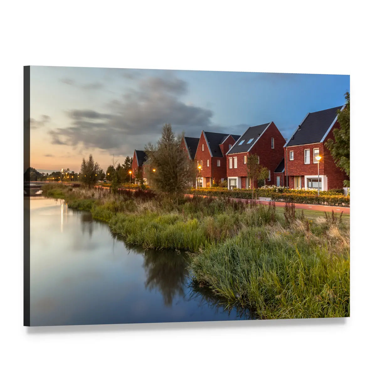 Riverbank in Veenendaal Canvas Wall Art, single panel gallery wrapped canvas, angled product view