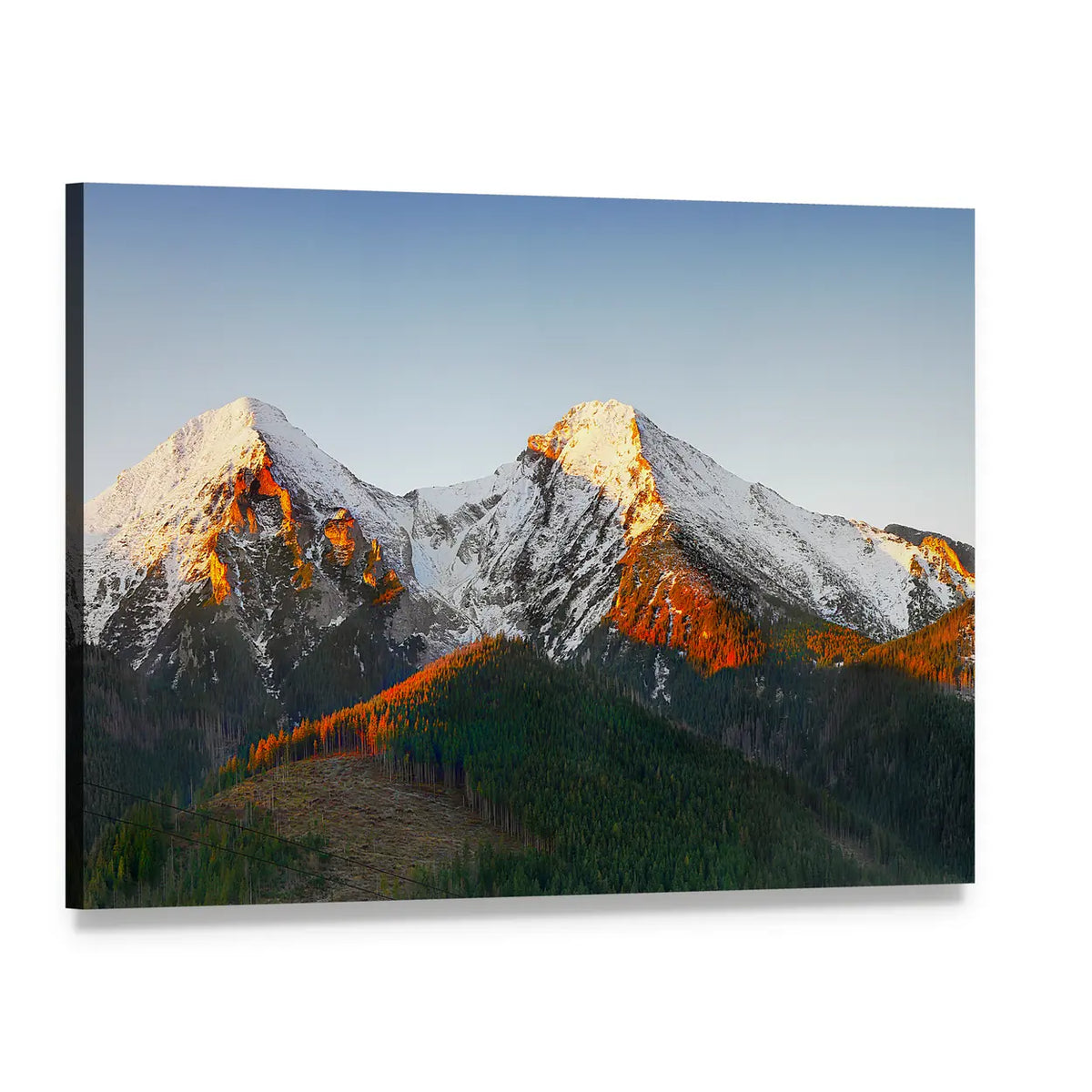 Snow-capped Peaks at Sunrise Canvas Wall Art, single panel gallery wrapped canvas, angled product view