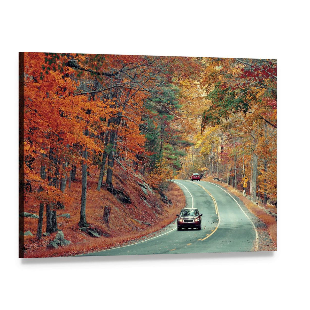 Cars on Autumn Road Canvas Wall Art, single panel gallery wrapped canvas, angled product view