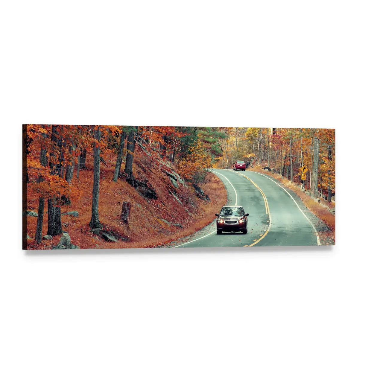 Cars on Autumn Road Panoramic Canvas Wall Art, single panel gallery wrapped canvas, angled product view