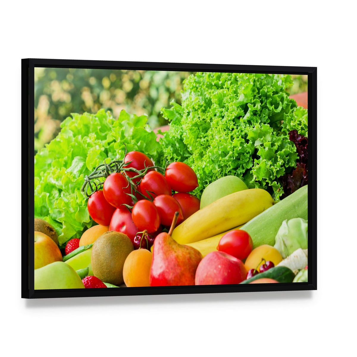 Fresh Fruits and Vegetables Canvas Wall Art, framed canvas in a black floater frame, angled product view