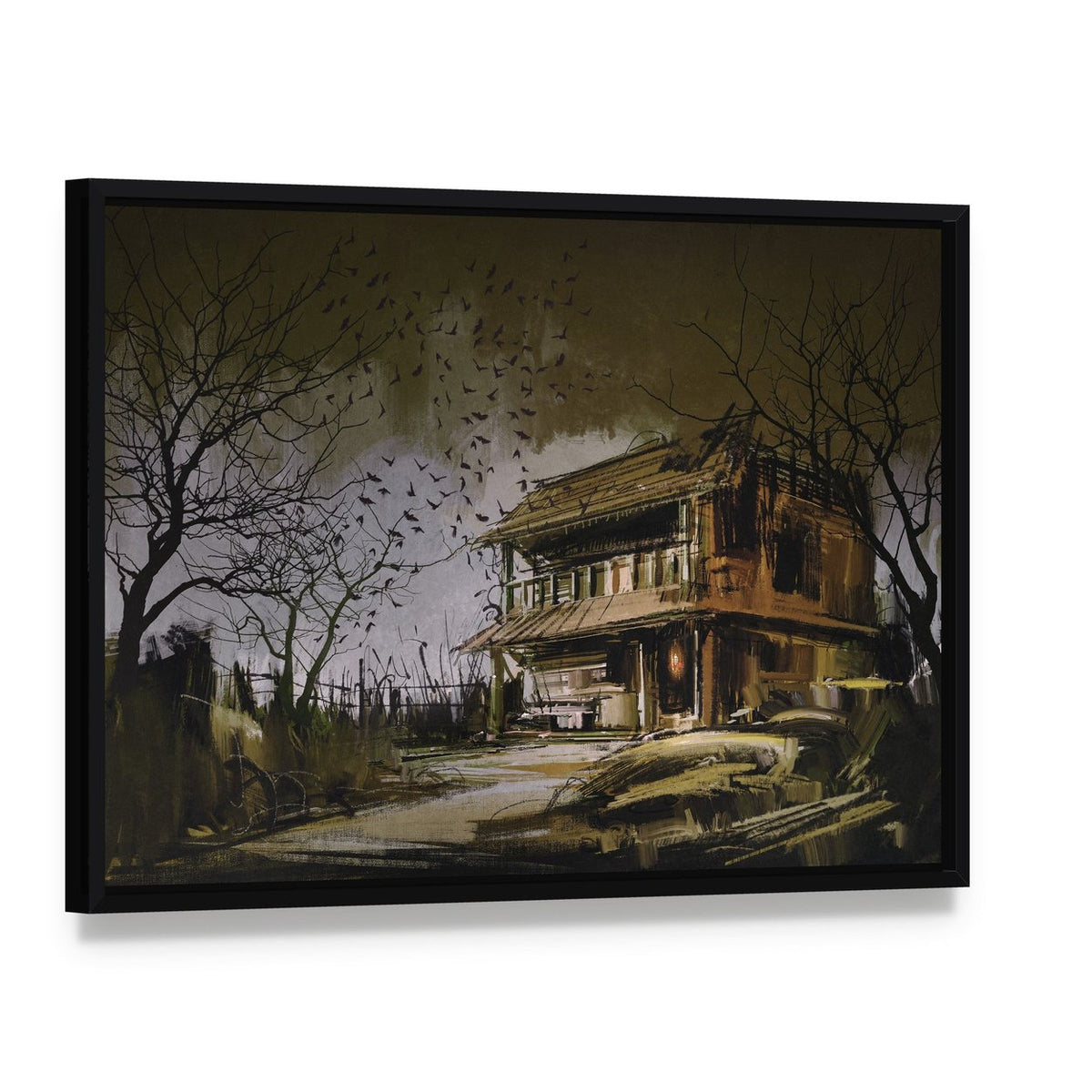Old Wooden Abandoned House Canvas Wall Art, framed canvas in a black floater frame, angled product view