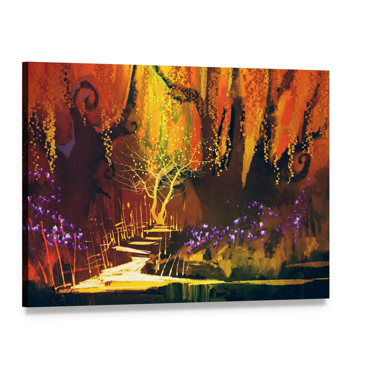 Enchanted Forest Path with Glowing Tree Canvas Wall Art, single panel gallery wrapped canvas, angled product view