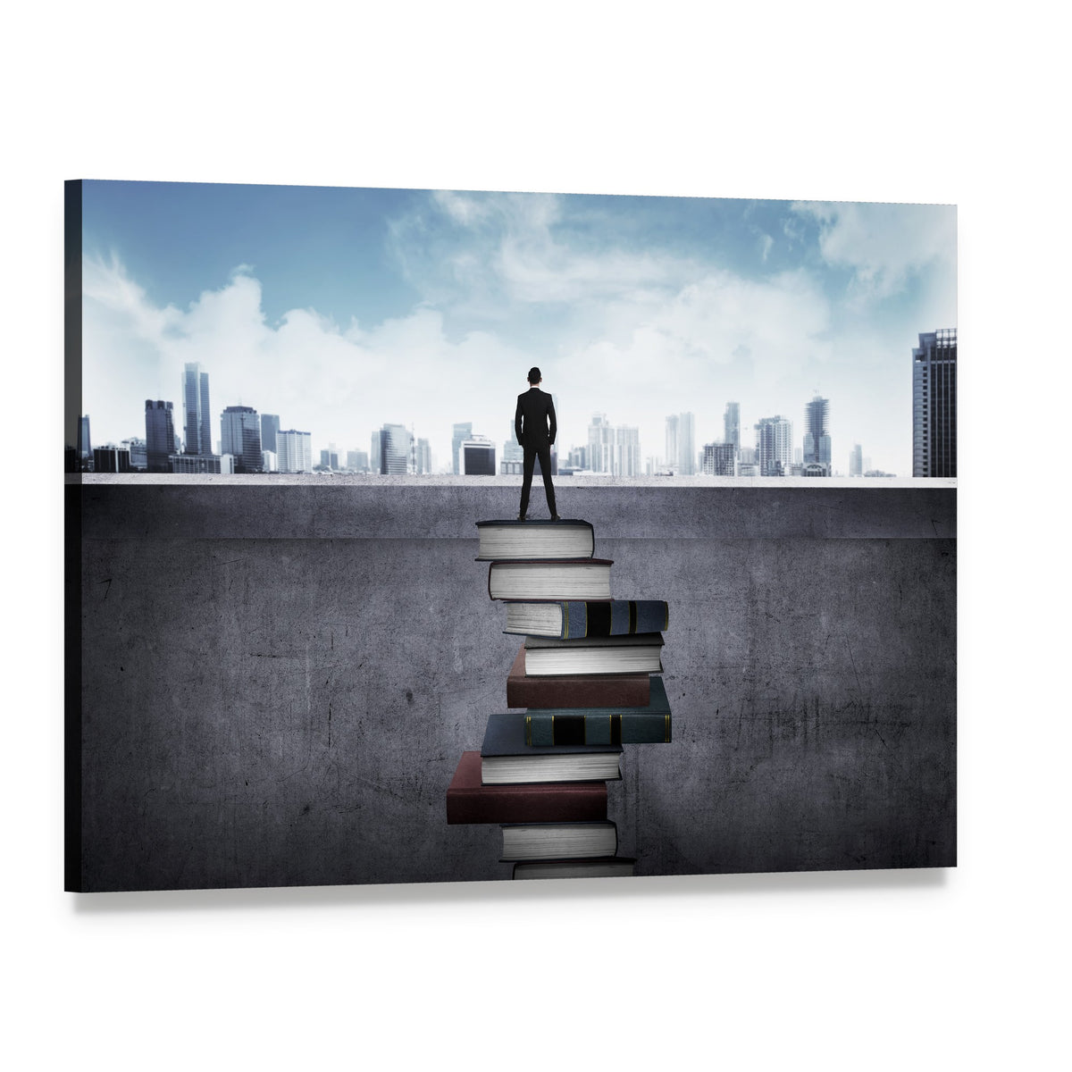 Man Standing on Books Over Cityscape Canvas Wall Art, single panel gallery wrapped canvas, angled product view