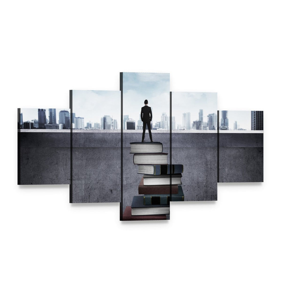 Man Standing on Books Over Cityscape Canvas Wall Art, 5 panel 5 Star layout gallery wrapped canvas set, angled product view